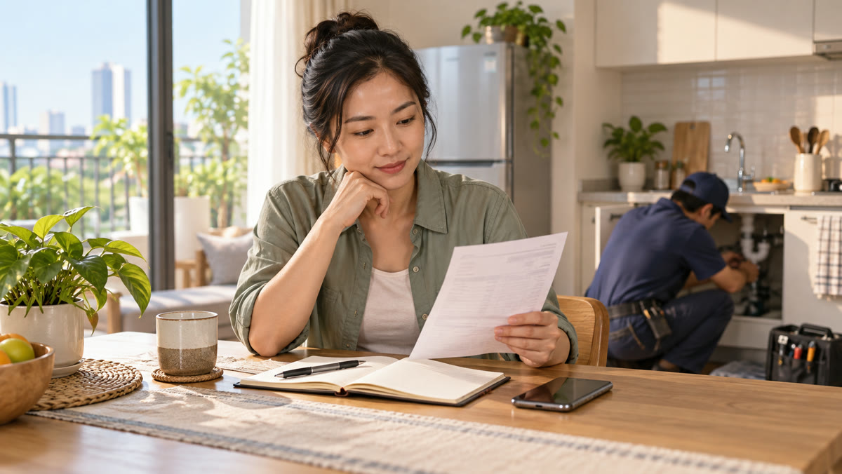 Người đang xem hóa đơn sửa chữa và ghi chú kế hoạch chi tiêu tại nhà