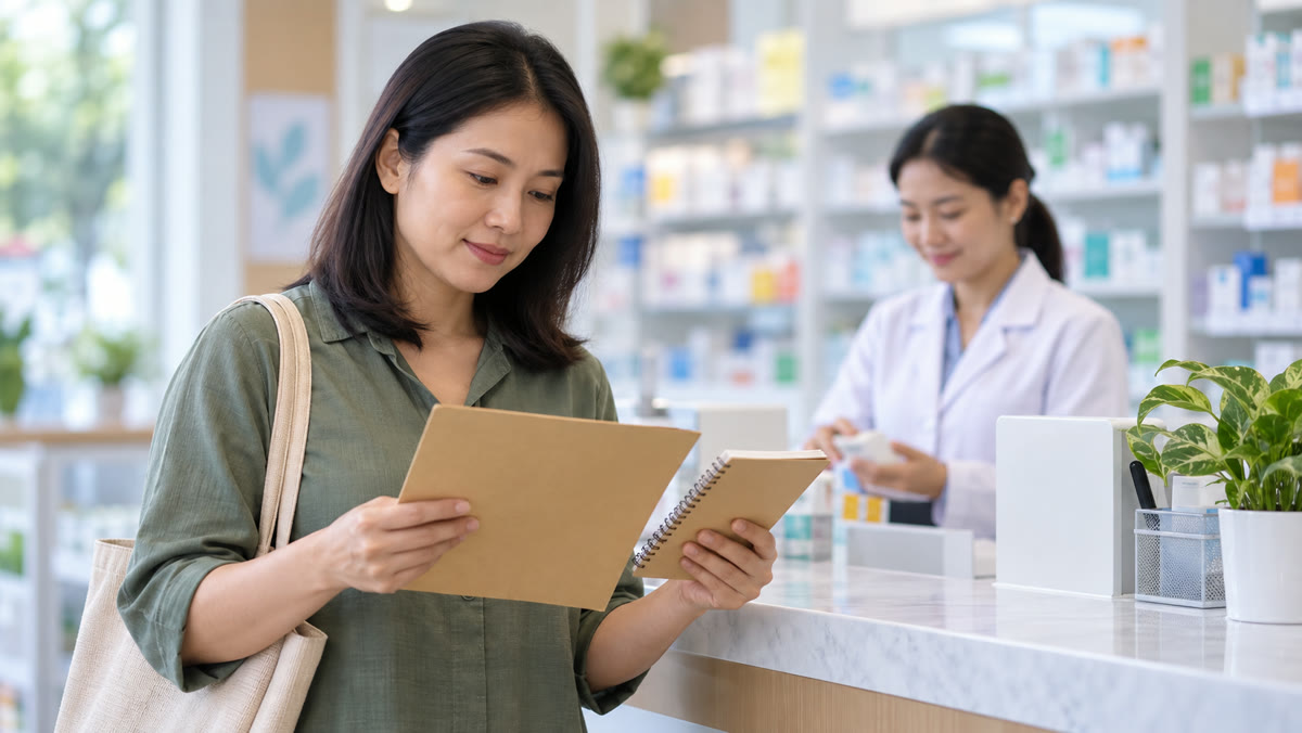 Người kiểm tra hồ sơ và ghi chú tại quầy thuốc cùng dược sĩ ở phía sau