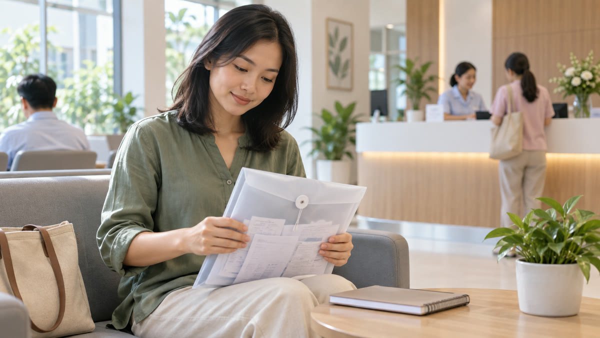 Người ngồi tại khu chờ phòng khám, sắp xếp chứng từ chi phí trong bìa hồ sơ