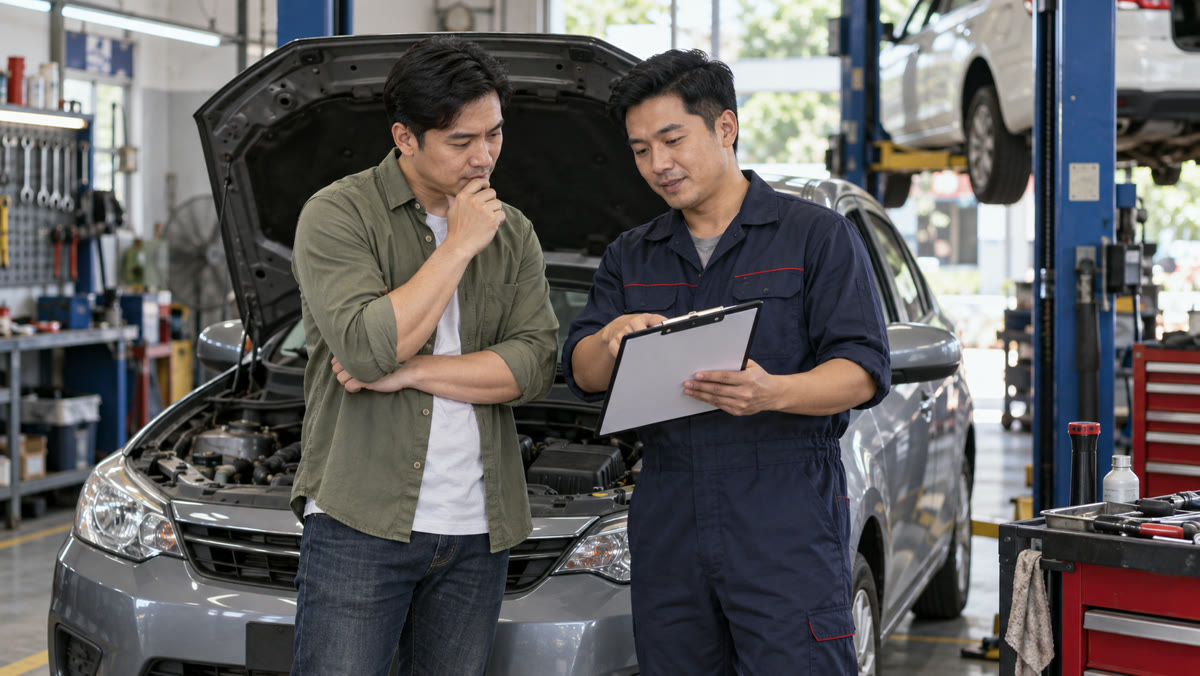 Chủ xe và thợ sửa xe cùng xem báo giá bên cạnh một chiếc xe trong gara