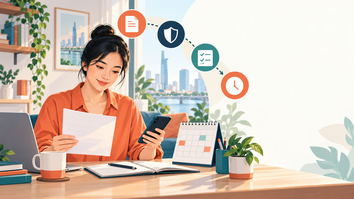 Người trẻ tại Việt Nam kiểm tra giấy tờ, điện thoại và lịch thanh toán trước khi nộp đơn vay